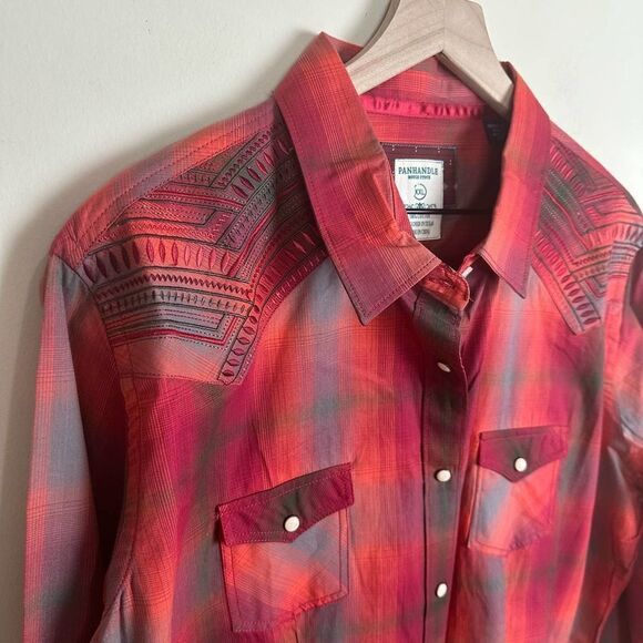 Pandhandle Red Plaid Pearl Snap Western Shirt Women’s XXL EUC Read - Picture 2 of 9